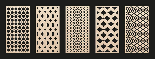 Vector laser cut templates. Modern abstract geometric panels with mesh, grid, lattice patterns, floral silhouettes. Moroccan style ornaments. Template for cnc cutting of metal, wood. Aspect ratio 1:2 - obrazy, fototapety, plakaty