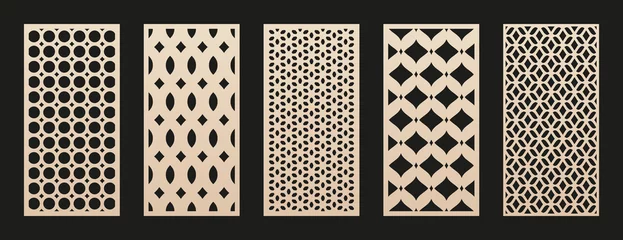 Deurstickers Vector laser cut templates. Modern abstract geometric panels with mesh, grid, lattice patterns, floral silhouettes. Moroccan style ornaments. Template for cnc cutting of metal, wood. Aspect ratio 1:2 © Olgastocker
