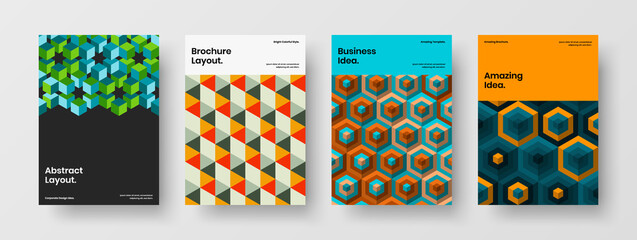 Unique geometric pattern annual report concept composition. Premium poster vector design template set.