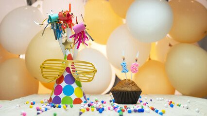 Creative birthday greetings with number 16, festive background with balloons for sixteen years,...