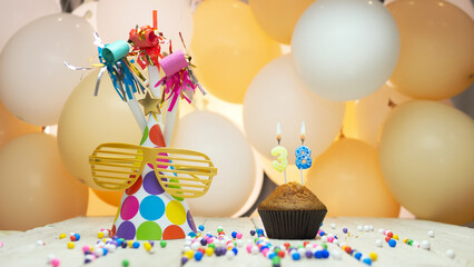 Creative birthday greetings with number 38, festive background with balloons for thirty-eight...