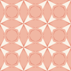 Abstract floral geometric ornament. Simple vector seamless pattern with flower silhouettes, leaves, crosses, arrows, triangles. Elegant background texture in pink tones. Repeat decorative geo design