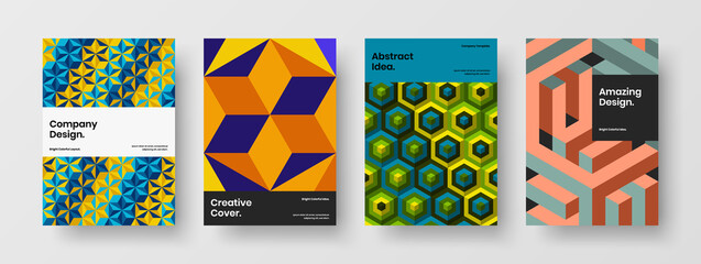 Isolated mosaic hexagons poster concept collection. Fresh magazine cover vector design illustration set.
