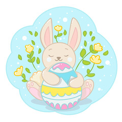 Easter bunny hugs easter egg in yellow flower. Rabbit in cartoon style