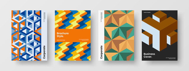 Bright geometric shapes pamphlet layout collection. Abstract front page vector design concept composition.