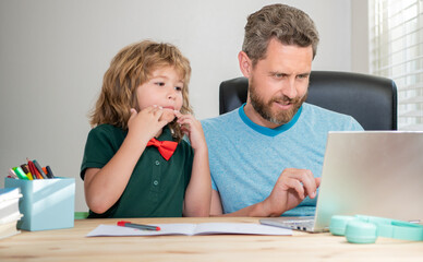 boy do homework with private teacher. webinar video lesson. online education on laptop.