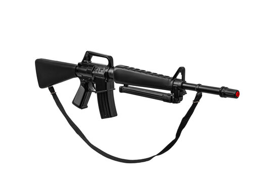 Black toy plastic rifle. Children's not real weapons m16 carbine. Gun isolate on a white back.