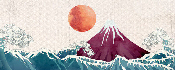 Panele Szklane  Landscape art background in oriental style with sea, mountain and sun. Japanese banner with Mount Fuji for interior design, decor, web