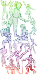 Set of poses of different people in sketch.