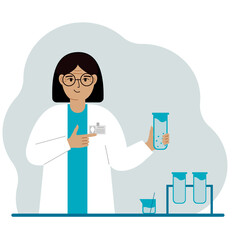 Female scientist with flasks. Experimental scientist, laboratory assistant, biochemistry, chemical, scientific research.