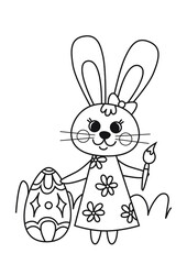 Coloring book. Cute Easter bunny and Easter egg .Vector illustration in a flat cartoon style, black and white line art.