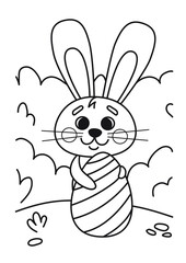 Coloring book. Cute Easter bunny and Easter egg .Vector illustration in a flat cartoon style, black and white line art.