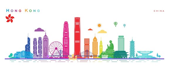 Naklejka premium Hong Kong cityscape vector illustration, Spain. Travel flat colorful city landmark.