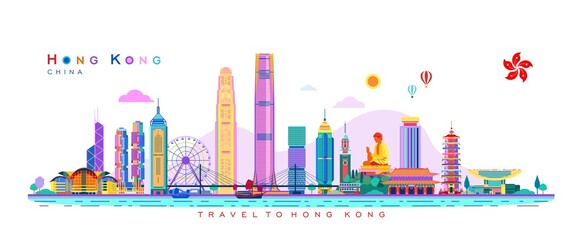 Vector abstract illustration of Hong Kong city skyline on colorful  beautiful  background
 - obrazy, fototapety, plakaty