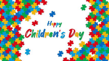 happy child's day background with puzzles and writing from colorful brushes