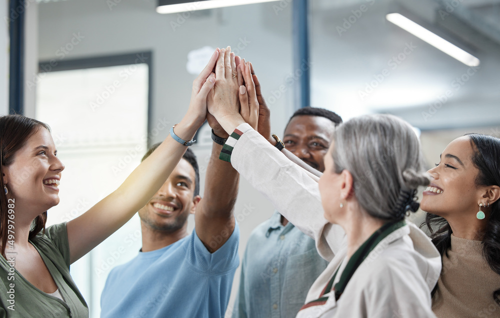 Sticker We promise to always support each other. Shot of a group of businesspeople giving each other a high five in an office.