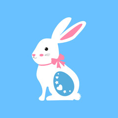 White Easter Bunny with an egg inside. The rabbit found the egg. Vector bunny with a pink bow around his neck. Illustration on an isolated background.