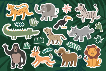 Funny african animals, vector stickers, cute giraffe, smiling zebra and dancing elephant, friendly jaguar, safari mammals, zoo animals with facial expressions, collection of children's illustration
