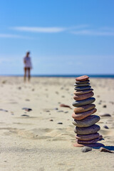 Fototapeta na wymiar Zen pyramid of balancing stones on a sandy beach with a woman walking