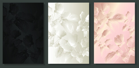 Luxury covers design. Collection of black, delicate pink and platinum backgrounds with designed orchids. Flowers in lines, outline, border.