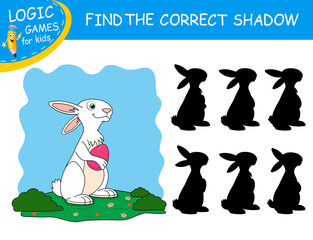 Find the correct shadow the Rabbit. White Easter Bunny holding Egg on colorful background. Cute cartoon Hare. Educational matching game. Logic Game for Kids. Learnig card with Bunny. Task with answer.