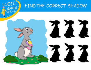 Find the correct shadow. Easter Rabbit Eggs isolated on colorful background. Cute cartoon rabbit. Educational matching game. Logic Games for Kids. Learnig card with funny Bunny. Task with answer.
