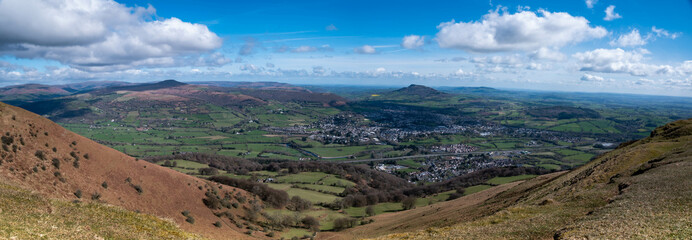 The Blorenge mountain overlooking Castle Meadows and the River Usk near Abergavenny, Monmouthshire, South Wales, UK