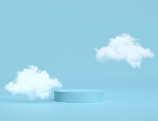 Podium mockup scene for product presentation in pastel blue with white clouds