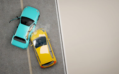 Two cars crash in accident.Top view.Concept for insurance.3d rendering