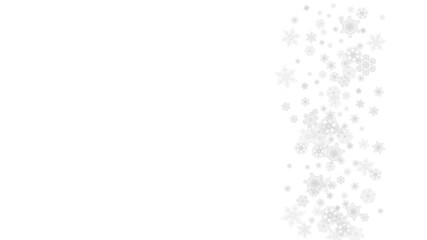 Snowflakes falling on white background. Horizontal Christmas and Happy New Year theme. Silver falling snowflakes for banner, gift card, party invitation, partner compliment and special business offers