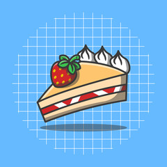 Vector illustration of a cake with strawberries on it in a flat design style. Sweet food.