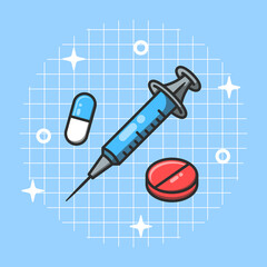 Vector illustration of a syringe and medicine. Health day.