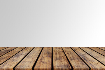 Naklejka na ściany i meble Rustic Brown Wood Plank Empty Table For Products Display With Soft Gray Background