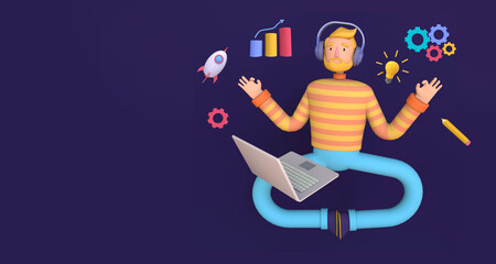 Programmer in meditation pose Web development, programmer engineering and coding website. Concept of script coding for beginners. Trendy 3d illustration.