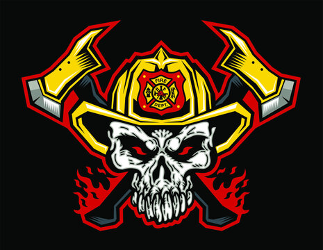 flaming firefighter skull mascot logo with crossed axes