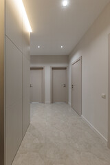 Vertical photo of corridor in beige stylish Interior design of the apartment. Design in beige tones. Doors in the color of the walls.