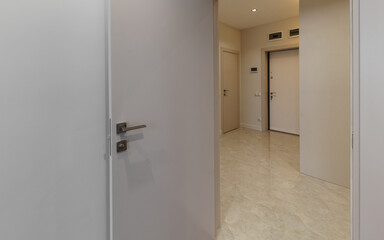Corridor in beige stylish Interior design of the apartment. Design in beige tones. Doors in the color of the walls.