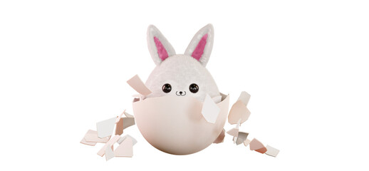 Naklejka na ściany i meble Easter bunny hiding in an egg, 3d render. Rabbit is sitting in a broken egg, isolated on a white background. Easter egg hunt. Cute plush Easter character