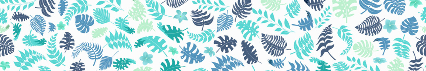 Fototapeta premium Banner with exotic jungle plants. Tropical palm leaves and flowers. Rainforest illustration, blue on white background, with seamless horizontal repetition