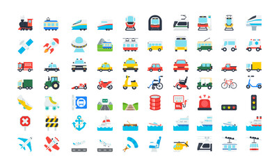 All Transport Emoticons Collection. Marine, Delivery, Railway, Airways, Emergency cars Emoji icons set. All Transport Emojis in one set