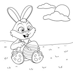 Cute smiling Rabbit painting brush Easter egg on lawn. Template of colorless cartoon Bunny with egg for coloring book. Practice worksheet or Anti-stress page for kids. Logic outline education game.