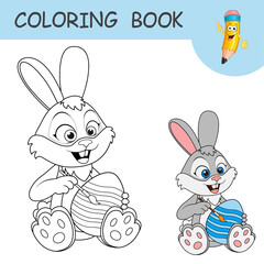 Coloring book with funny cartoon Easter Bunny with a brush painting an egg. Colorless and color samples of Rabbit and Easter egg. Happy Easter. Spring holiday. Template of practice worksheet for kids.