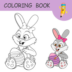 Smiling girl Rabbit sitting and painting brush Easter egg. Coloring book with Easter Bunny and egg. Colorless and color samples. Template of coloring page or practice worksheet for kids. Happy Easter.