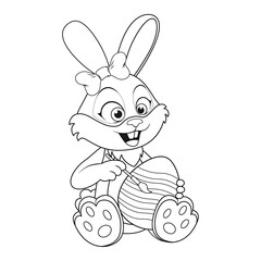 Coloring page with colorless cartoon girl Rabbit sitting and painting Easter egg. Template of coloring book Easter Bunny for kids. Practice worksheet or Anti-stress page. Logic outline education game.