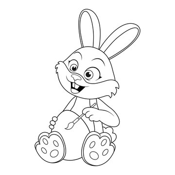 Easter Rabbit. Coloring page with colorless cartoon Bunny painting brush Easter egg. Template of coloring book with Hare for kids. Practice worksheet or Anti-stress page. Logic outline education game.