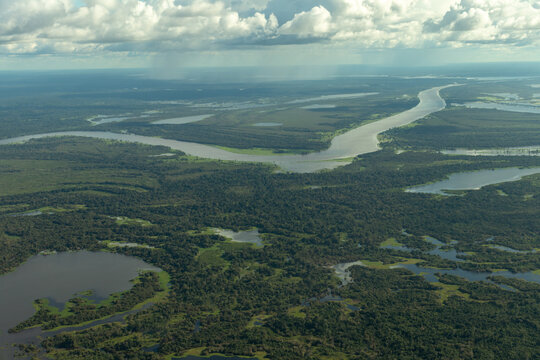 Aerial photo of the Amazon rainforest and the Amazon River basin in Brazil.