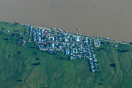 Aerial photo showing urban center, riverfront and rural zone of Careiro da Varzea municipality, Amazonas state