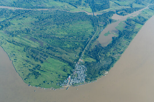 Aerial photo showing urban center, riverfront and rural zone of Careiro da Varzea municipality, Amazonas state