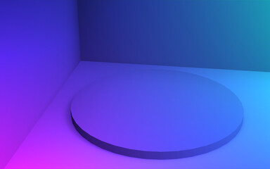 3d purple blue neon light cylinder podium minimal studio gradient dark colors background. Abstract 3d geometric shape object illustration render. Display for nightclub party and technology product.
