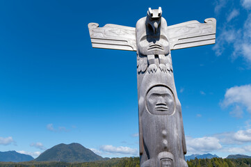 Totem pole in the beautiful Tofino, Vancouver Island, Canada